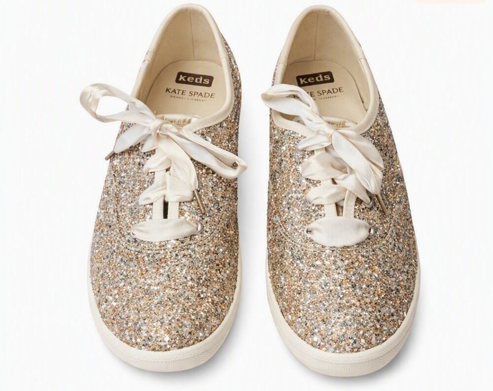 Keds × Kate Spade New York Champion Glitter Sneakers 8.5 Rose Gold Ribbon Lace